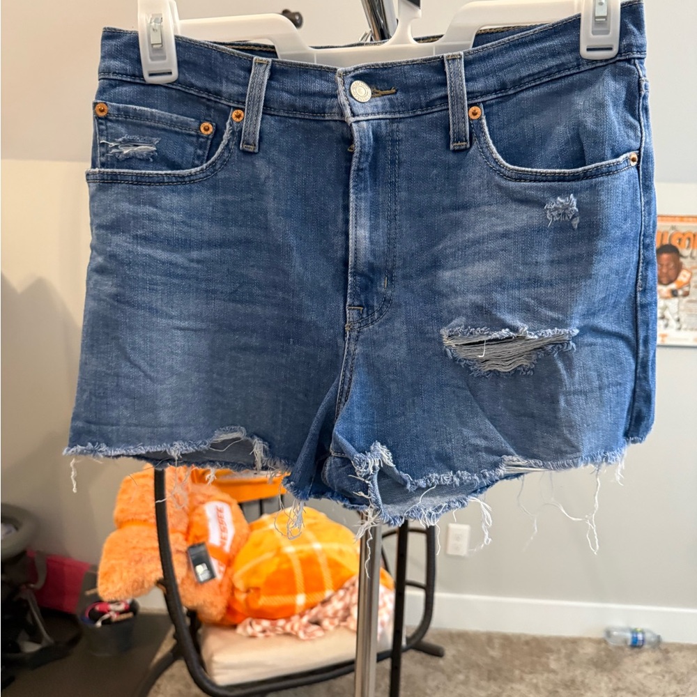 Levi's Blue High-Rise Distressed Jean Shorts